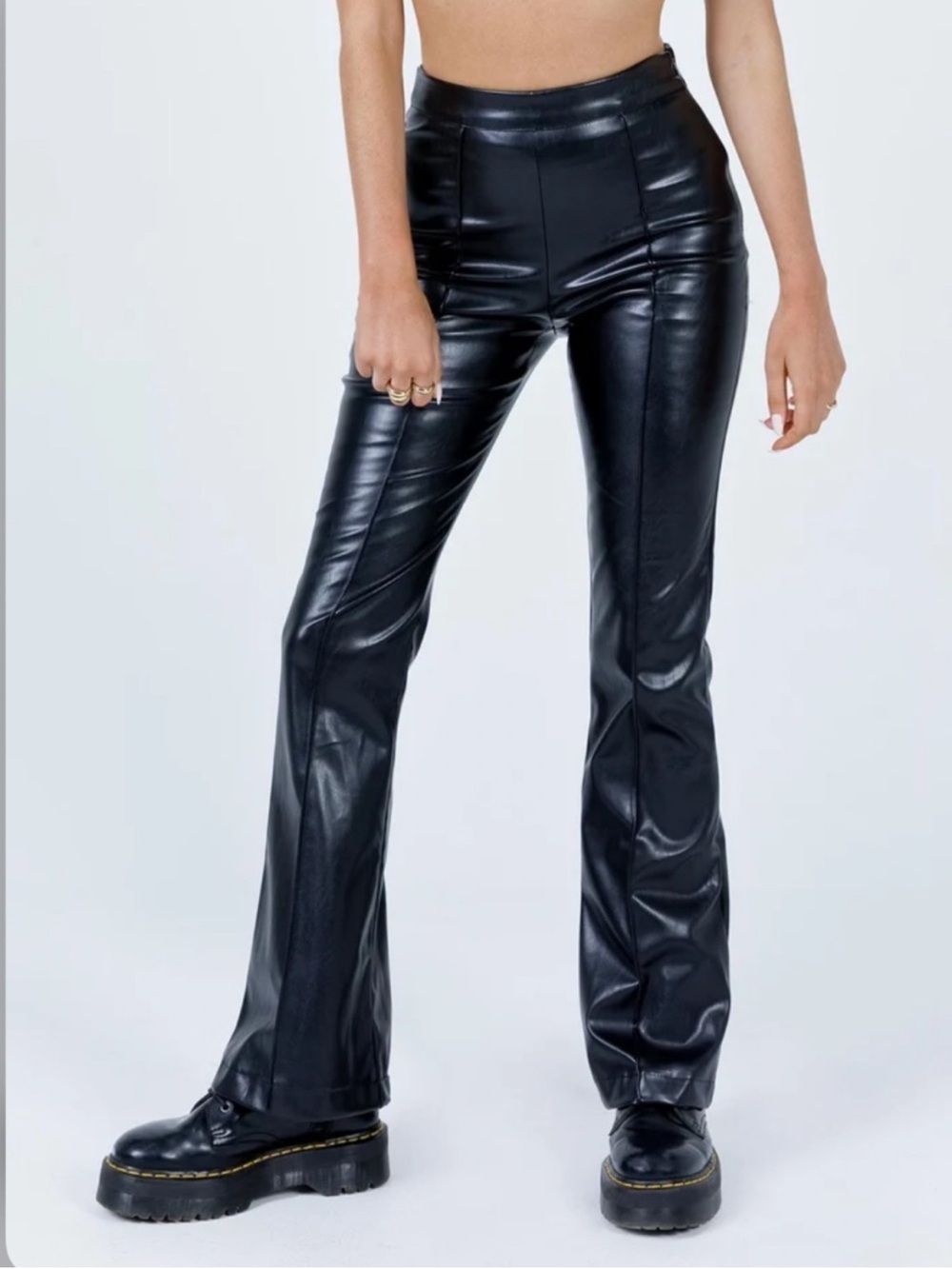 Princess Polly Braden Pants Size 4 Black Faux Leather High Rise Flare NWT